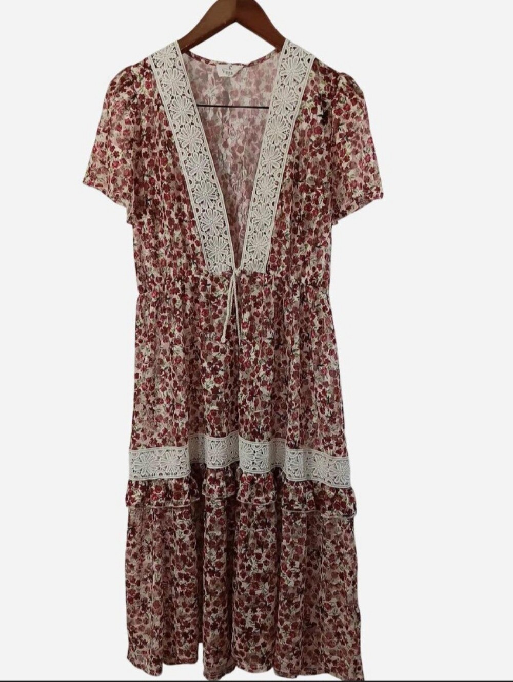 Ember Floral Lace Trim Midi Drrss Kimono Duster Tie Front Tassel Large Like New